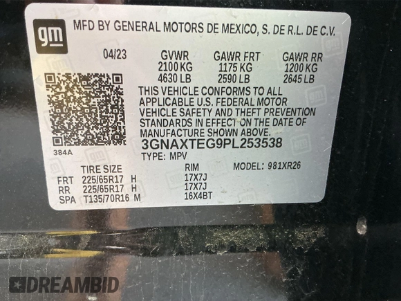 2023 Chevrolet Equinox LT with VIN 3GNAXTEG9PL253538, listed as a IAAI auction lot 42791987 with 41,492 mi miles and . Bid and sale history available at DreamBid. Image 21.