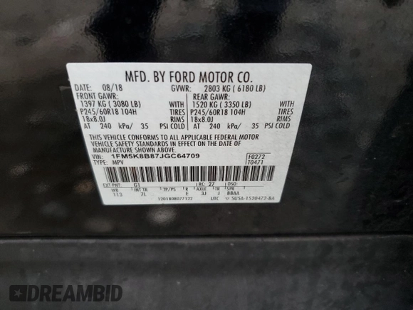 2018 Ford Explorer z VIN 1FM5K8B87JGC64709, wystawiony jako Copart lot #61716385 z przebiegiem 120 051 mil mil oraz Szkoda całkowita • Salvage title. Historia ofert i sprzedaży dostępna na DreamBid. Obrazek 13.
