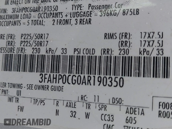 2010 Ford Fusion SEL with VIN 3FAHP0CG0AR190350, listed as a IAAI auction lot 41469092 with 151,324 mi miles. Bid and sale history available at carsss.com. Image 9.