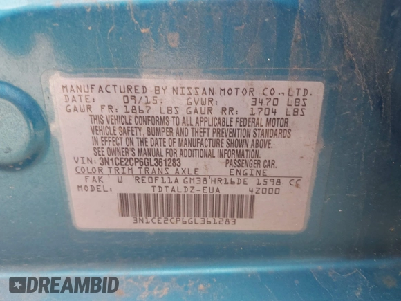2016 Nissan Note S with VIN 3N1CE2CP6GL361283, listed as a IAAI auction lot 42419369 with 131,600 mi miles and . Bid and sale history available at DreamBid. Image 9.