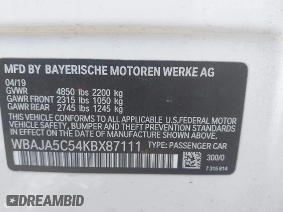 2019 BMW 5 Series 530i with VIN WBAJA5C54KBX87111, listed as a IAAI auction lot 41640822 with 55,500 mi miles and . Bid and sale history available at DreamBid. Image 9.
