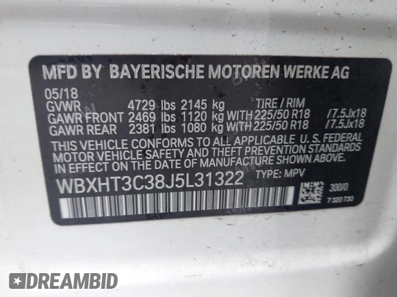 2018 BMW X1 xDrive28i with VIN WBXHT3C38J5L31322, listed as a IAAI auction lot 42260190 with 70,266 mi miles and . Bid and sale history available at DreamBid. Image 9.