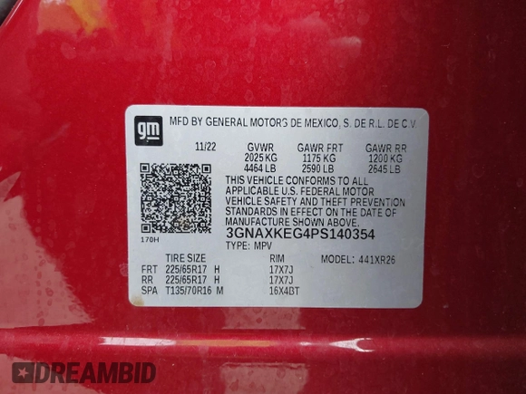 2023 Chevrolet Equinox LT with VIN 3GNAXKEG4PS140354, listed as a IAAI auction lot 42070562 with 17,663 mi miles and . Bid and sale history available at carsss.com. Image 9.