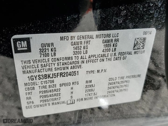 2015 Cadillac Escalade Luxury with VIN 1GYS3BKJ5FR204051, listed as a Copart auction lot 86971124 with 73,610 mi miles and Salvage Title. Bid and sale history available at carsss.com. Image 15.