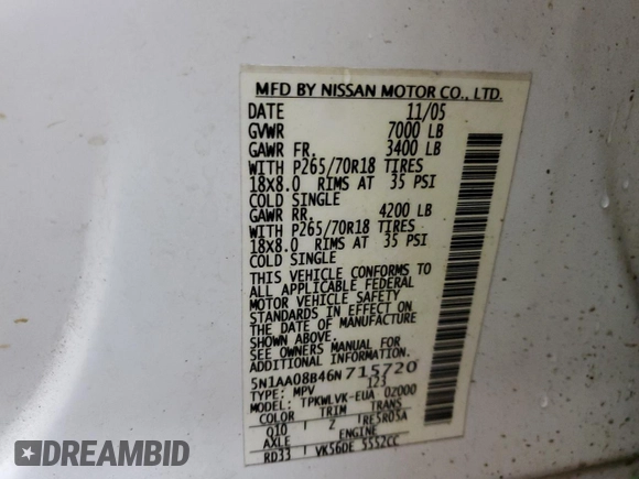2006 Nissan Armada LE z VIN 5N1AA08B46N715720, wystawiony jako Copart lot #87299074 z przebiegiem 141 564 mil mil oraz Czysty tytuł • Clean title. Historia ofert i sprzedaży dostępna na DreamBid. Obrazek 13.