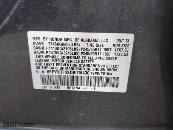 2013 Honda Ridgeline RTS with VIN 5FPYK1F4XDB016430, listed as a IAAI auction lot 41711524 with 132,185 mi miles. Bid and sale history available at carsss.com. Image 9.