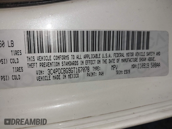 2016 Dodge Journey SXT with VIN 3C4PDCBG9GT167078, listed as a IAAI auction lot 41908052 with 204,994 mi miles. Bid and sale history available at carsss.com. Image 9.