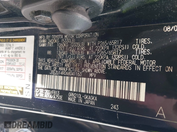 2006 Toyota 4Runner SR5 with VIN JTEZU14R068041163, listed as a IAAI auction lot 42062193 with 186,723 mi miles and . Bid and sale history available at DreamBid. Image 9.