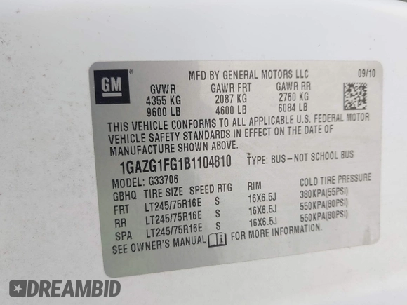 2011 Chevrolet Express Passenger 1LT with VIN 1GAZG1FG1B1104810, listed as a IAAI auction lot 42675746 with 16,391 mi miles and . Bid and sale history available at DreamBid. Image 9.