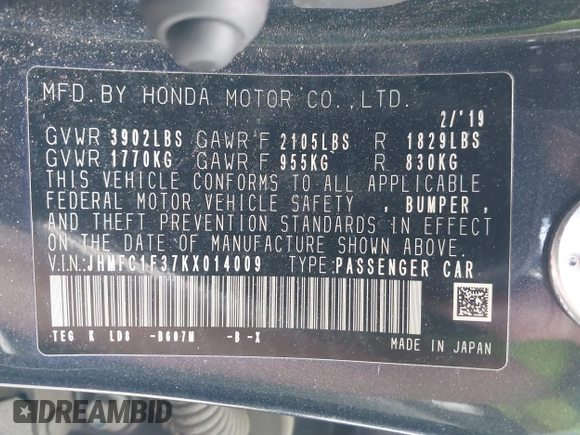 2019 Honda Civic Sedan EX with VIN JHMFC1F37KX014009, listed as a IAAI auction lot 41938780 with 69,118 mi miles. Bid and sale history available at carsss.com. Image 9.