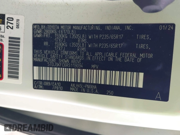 2024 Toyota Sienna XLE with VIN 5TDJSKFC6RS119094, listed as a IAAI auction lot 41434990 with 113,532 mi miles and . Bid and sale history available at DreamBid. Image 9.