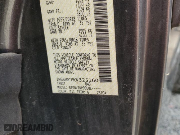 2012 Nissan Titan S z VIN 1N6AA0CJ9CN325160, wystawiony jako Copart lot #70004034 z przebiegiem 167 159 mil mil oraz Szkoda całkowita • Salvage title. Historia ofert i sprzedaży dostępna na DreamBid. Obrazek 13.