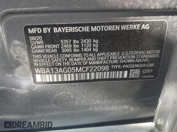 2021 BMW 5 Series 530e with VIN WBA13AG05MCF22098, listed as a Copart auction lot 55460105 with Not Provided miles and Clean Title. Bid and sale history available at carsss.com. Image 13.