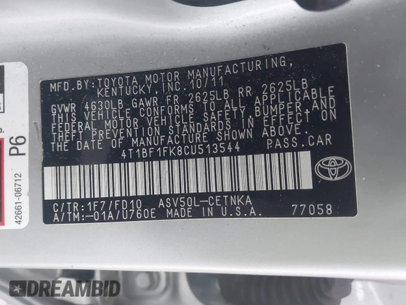 2012 Toyota Camry L with VIN 4T1BF1FK8CU513544, listed as a IAAI auction lot 41919094 with 136,912 mi miles and . Bid and sale history available at DreamBid. Image 9.