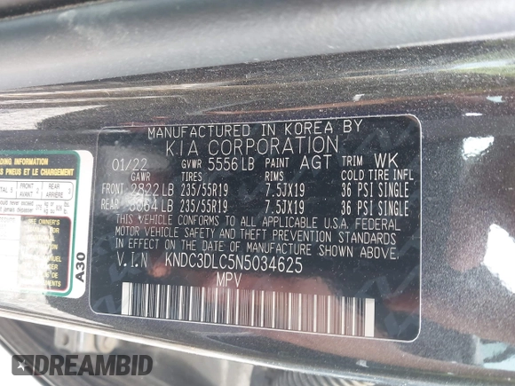 2022 Kia EV6 Wind z VIN KNDC3DLC5N5034625, wystawiony jako IAAI lot #42263100 z przebiegiem 35 412 mil mil oraz . Historia ofert i sprzedaży dostępna na DreamBid. Obrazek 9.