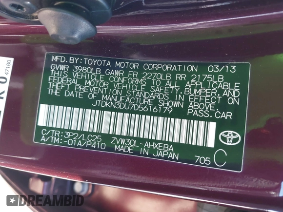 2013 Toyota Prius One with VIN JTDKN3DU7D5616179, listed as a IAAI auction lot 41640997 with 130,411 mi miles. Bid and sale history available at carsss.com. Image 9.