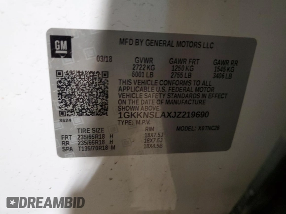 2018 GMC Acadia SLE with VIN 1GKKNSLAXJZ219690, listed as a Copart auction lot 82028044 with 133,839 mi miles and Salvage Title. Bid and sale history available at DreamBid. Image 13.