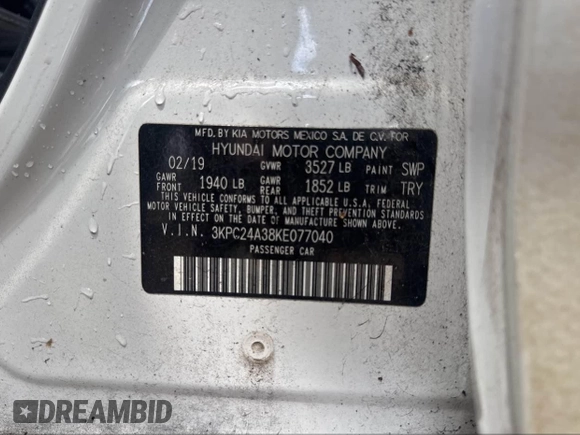 2019 Hyundai Accent SE with VIN 3KPC24A38KE077040, listed as a IAAI auction lot 42212005 with 93,911 mi miles and . Bid and sale history available at DreamBid. Image 9.