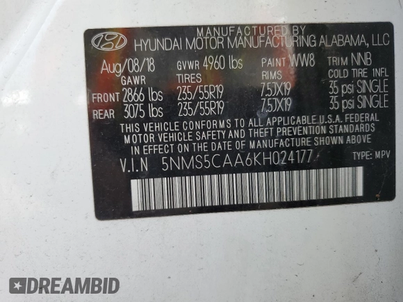 2019 Hyundai Santa Fe Limited z VIN 5NMS5CAA6KH024177, wystawiony jako Copart lot #75349144 z przebiegiem 67 804 mil mil oraz Nie do naprawy • Non repairable. Historia ofert i sprzedaży dostępna na DreamBid. Obrazek 14.