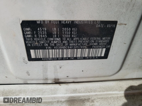 2015 Subaru Legacy 2.5i Premium with VIN 4S3BNBC64F3057895, listed as a Copart auction lot 47473795 with 177,164 mi miles and Salvage Title. Bid and sale history available at carsss.com. Image 13.