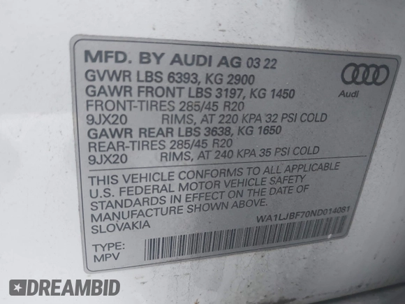 2022 Audi Q7 Premium Plus with VIN WA1LJBF70ND014081, listed as a IAAI auction lot 42403771 with 20,073 mi miles and . Bid and sale history available at DreamBid. Image 9.