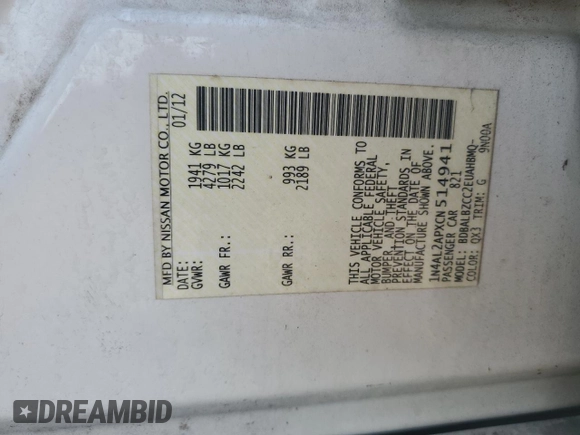 2012 Nissan Altima 2.5 SL with VIN 1N4AL2APXCN514941, listed as a Copart auction lot 53081415 with 162,320 mi miles and Salvage Title. Bid and sale history available at carsss.com. Image 12.