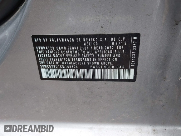 2019 Volkswagen Jetta S с VIN 3VWC57BU1KM169304, выставлен на аукционе IAAI как лот 42124012 с пробегом 102 515 миль миль и . История ставок и продаж доступна на DreamBid. Изображение 9.