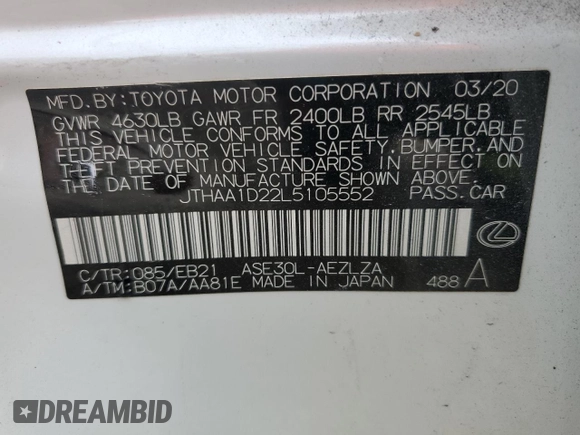 2020 Lexus IS 300 with VIN JTHAA1D22L5105552, listed as a Copart auction lot 76904084 with 50,364 mi miles and Salvage title. Bid and sale history available at DreamBid. Image 12.