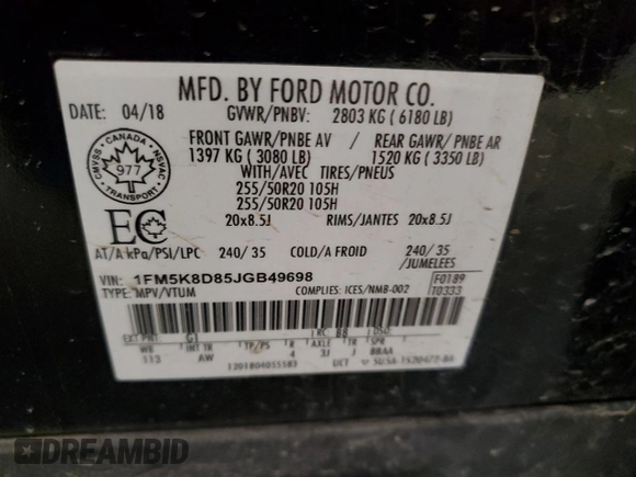 2018 Ford Explorer XLT z VIN 1FM5K8D85JGB49698, wystawiony jako Copart lot #59345915 z przebiegiem Nie podano mil oraz Szkoda całkowita • Salvage title. Historia ofert i sprzedaży dostępna na DreamBid. Obrazek 13.