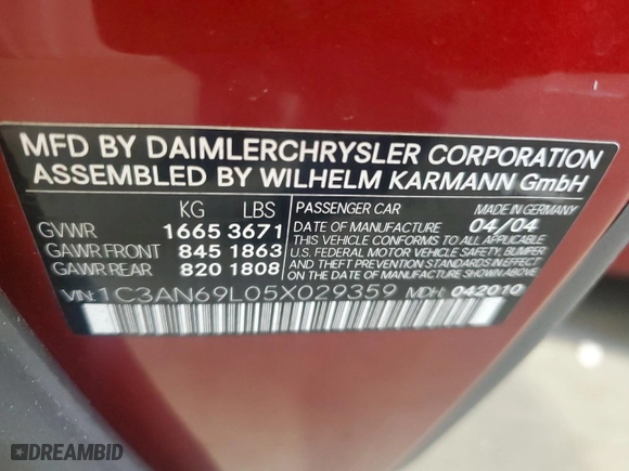 2005 Chrysler Crossfire Limited with VIN 1C3AN69L05X029359, listed as a Copart auction lot 46676055 with 156,746 mi miles and Salvage Title. Bid and sale history available at carsss.com. Image 12.