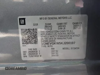 2019 Chevrolet Traverse LT Cloth with VIN 1GNEVGKW5KJ200197, listed as a IAAI auction lot 41936571 with 37,620 mi miles. Bid and sale history available at carsss.com. Image 9.