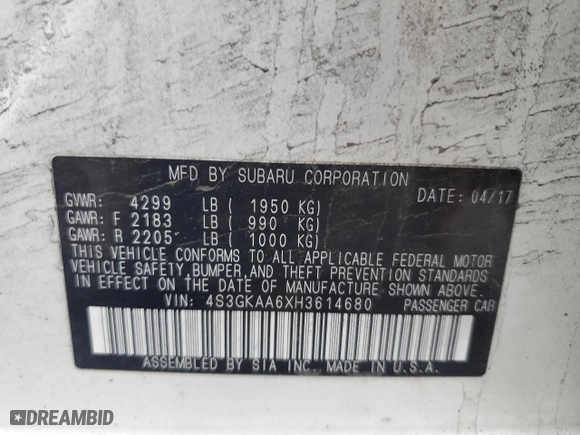 2017 Subaru Impreza with VIN 4S3GKAA6XH3614680, listed as a Copart auction lot 52337575 with 0 mi miles and Salvage Title. Bid and sale history available at carsss.com. Image 12.