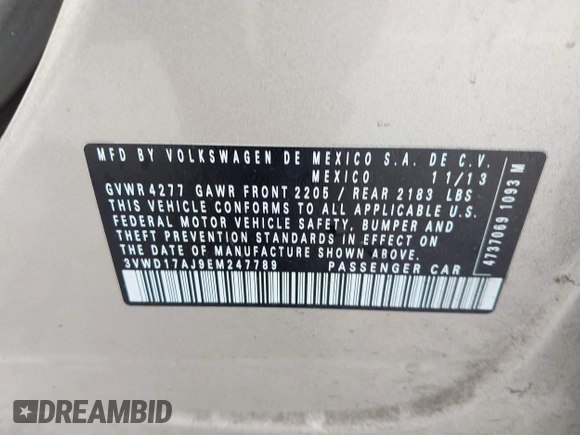 2014 Volkswagen Jetta SE z VIN 3VWD17AJ9EM247789, wystawiony jako IAAI lot #41934417 z przebiegiem 190 975 mil mil oraz . Historia ofert i sprzedaży dostępna na DreamBid. Obrazek 9.
