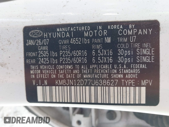 2007 Hyundai Tucson SE with VIN KM8JN12D77U638627, listed as a IAAI auction lot 41551224 with 156,125 mi miles. Bid and sale history available at carsss.com. Image 9.