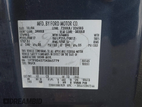 2005 Ford F-150 XLT с VIN 1FTPX04575KB65779, выставлен на аукционе IAAI как лот 41787252 с пробегом 191 941 миль миль и . История ставок и продаж доступна на DreamBid. Изображение 9.