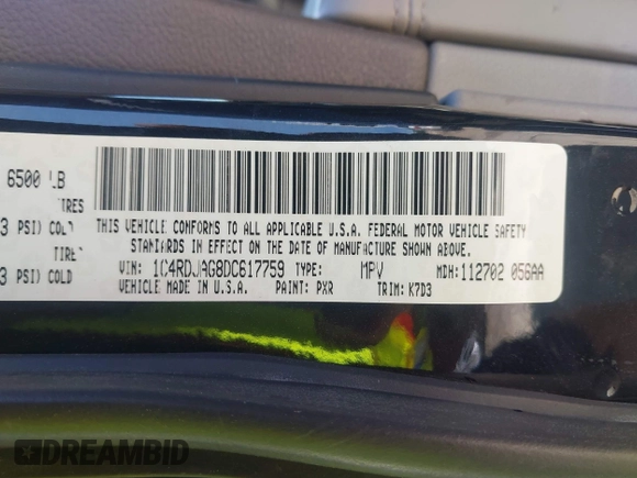 2013 Dodge Durango SXT with VIN 1C4RDJAG8DC617759, listed as a IAAI auction lot 42113300 with 185,152 mi miles and . Bid and sale history available at DreamBid. Image 9.