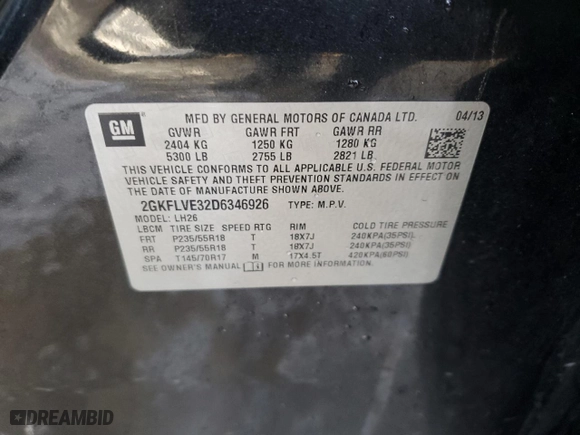 2013 GMC Terrain SLT with VIN 2GKFLVE32D6346926, listed as a Copart auction lot 45188585 with 112,151 mi miles and Salvage Title. Bid and sale history available at carsss.com. Image 13.