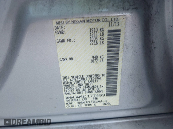 2014 Nissan Altima 2.5 S with VIN 1N4AL3AP5EC177499, listed as a IAAI auction lot 41996172 with 183,330 mi miles. Bid and sale history available at carsss.com. Image 9.