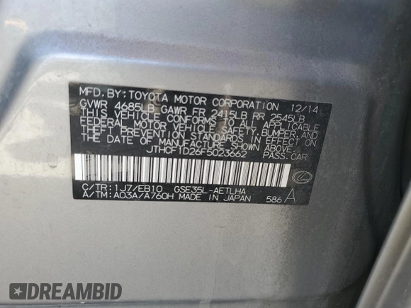 2015 Lexus IS 250 with VIN JTHCF1D26F5023662, listed as a Copart auction lot 49314285 with 142,086 mi miles and Salvage Title. Bid and sale history available at DreamBid. Image 14.