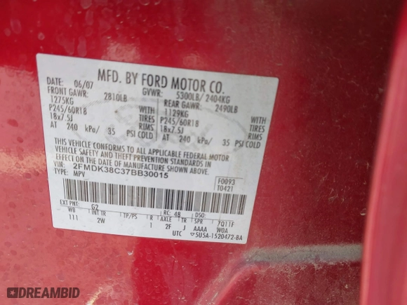 2007 Ford Edge SEL with VIN 2FMDK38C37BB30015, listed as a IAAI auction lot 41773823 with 211,621 mi miles. Bid and sale history available at carsss.com. Image 9.