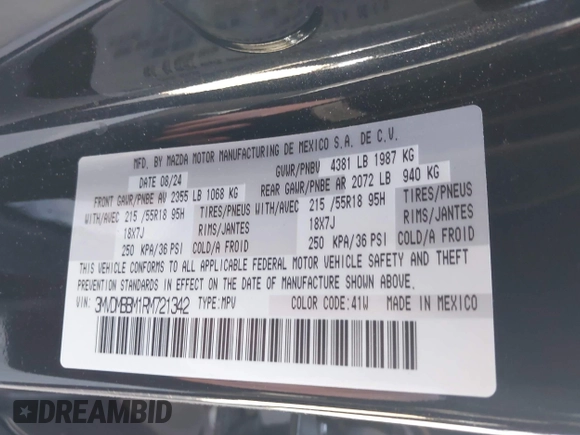 2024 Mazda CX-30 2.5 S Select Sport with VIN 3MVDMBBM1RM721342, listed as a IAAI auction lot 41973779 with 5,055 mi miles. Bid and sale history available at carsss.com. Image 9.