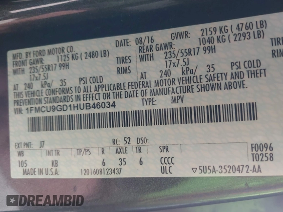 2017 Ford Escape SE with VIN 1FMCU9GD1HUB46034, listed as a IAAI auction lot 41840906 with 143,806 mi miles. Bid and sale history available at carsss.com. Image 9.