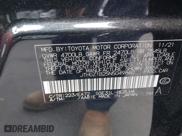 2022 Lexus IS 350 F Sport with VIN JTHGZ1B25N5049860, listed as a IAAI auction lot 42174458 with 35,384 mi miles and . Bid and sale history available at DreamBid. Image 9.