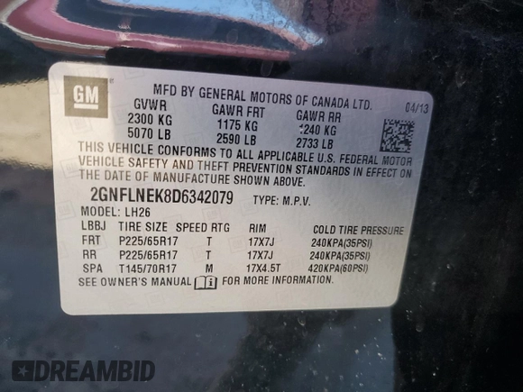 2013 Chevrolet Equinox LT z VIN 2GNFLNEK8D6342079, wystawiony jako Copart lot #47780955 z przebiegiem Nie podano mil oraz Szkoda całkowita • Salvage title. Historia ofert i sprzedaży dostępna na DreamBid. Obrazek 13.