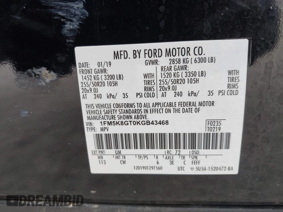 2019 Ford Explorer Sport with VIN 1FM5K8GT0KGB43468, listed as a IAAI auction lot 42502848 with 109,735 mi miles and . Bid and sale history available at DreamBid. Image 9.