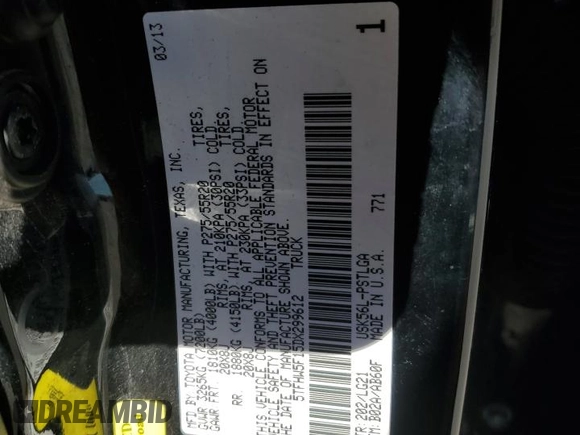 2013 Toyota Tundra Limited with VIN 5TFHW5F15DX299612, listed as a Copart auction lot 81686074 with Not provided miles and Clean title. Bid and sale history available at DreamBid. Image 12.