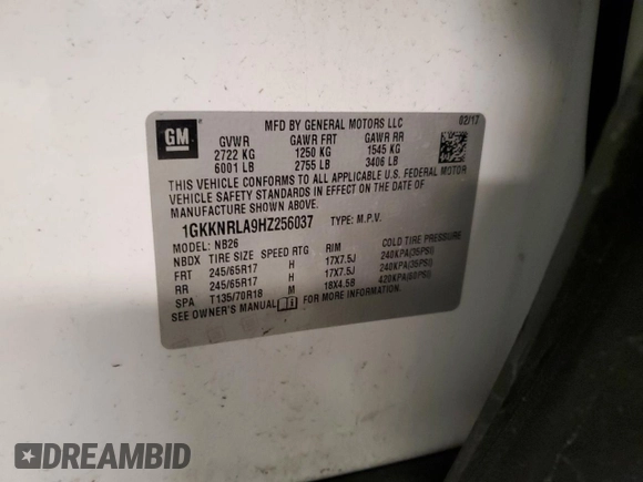 2017 GMC Acadia SLE with VIN 1GKKNRLA9HZ256037, listed as a Copart auction lot 44131445 with 89,797 mi miles and Salvage title. Bid and sale history available at DreamBid. Image 13.