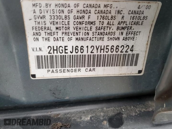 2000 Honda Civic VP with VIN 2HGEJ6612YH566224, listed as a Copart auction lot 74302284 with 197,203 mi miles and Salvage Title. Bid and sale history available at carsss.com. Image 13.