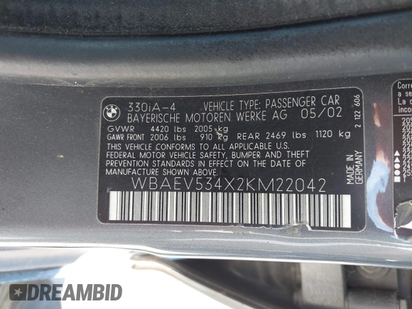 2002 BMW 3 Series 330i with VIN WBAEV534X2KM22042, listed as a IAAI auction lot 41626448 with 114,166 mi miles and . Bid and sale history available at DreamBid. Image 9.