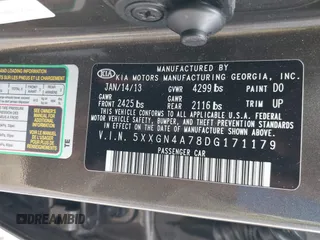 2013 Kia Optima EX with VIN 5XXGN4A78DG171179, listed as a IAAI auction lot 40747508 with Not Provided miles and . Bid and sale history available at carsss.com. Image 9.